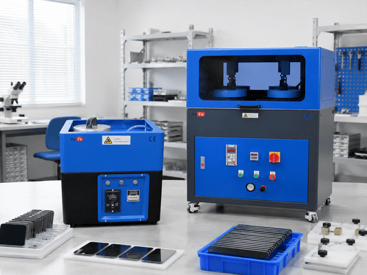 One-slot and multi-slot phone screen polishing machines in a bulk refurbishing workshop