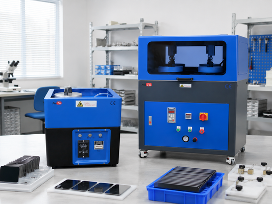 One-slot and multi-slot phone screen polishing machines in a bulk refurbishing workshop