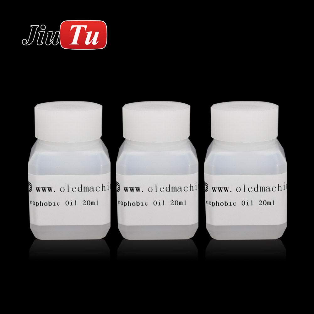 Oleophobic oil screen glass cleaner bottle with smartphone and cleaning cloth showing anti-fingerprint coating application