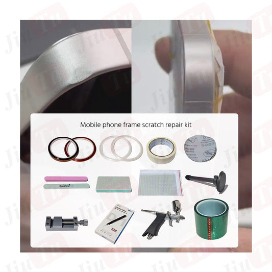 Phone frame scratch repair kit with polishing strips, tape, clamp, and spray gun tools