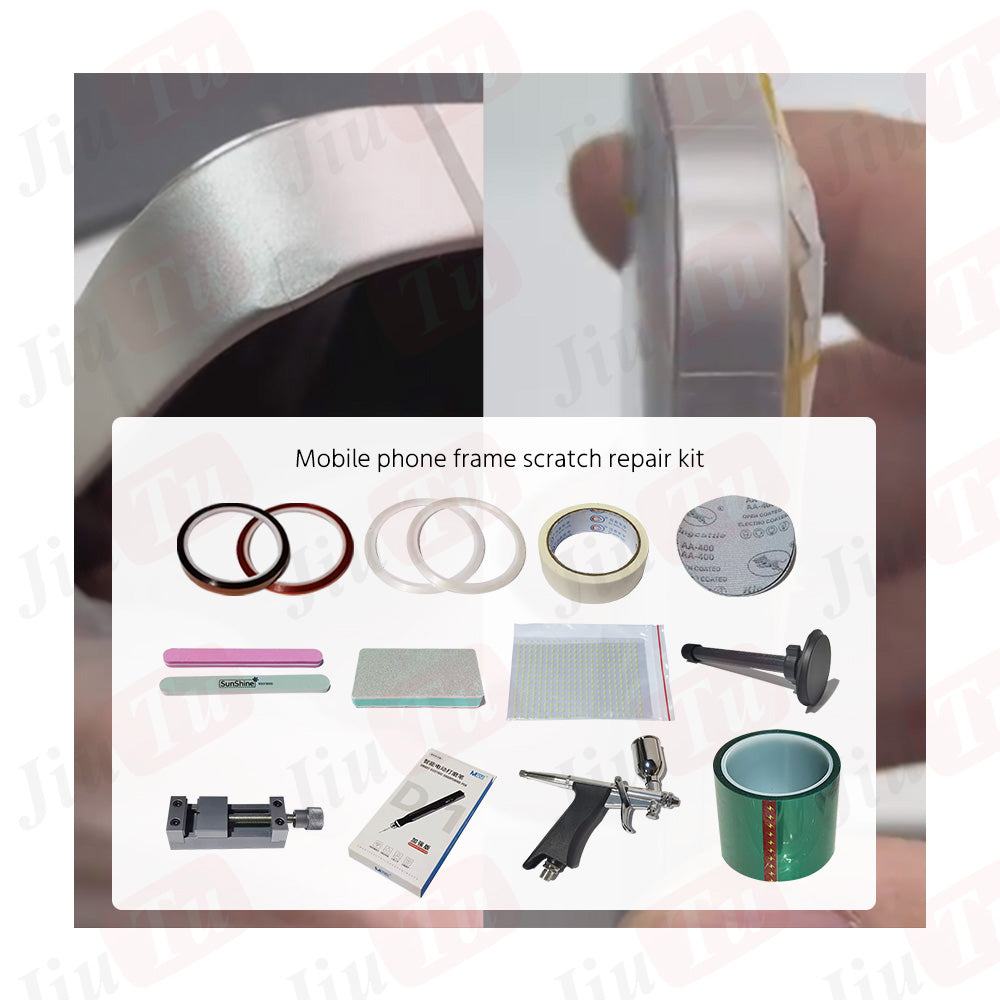 iPhone frame scratch repair kit with tapes, sanding strips, polishing tools, and clamps