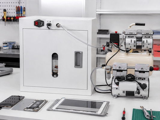 OCA vacuum laminator connected to an external air compressor and vacuum pump in a phone and tablet repair workstation