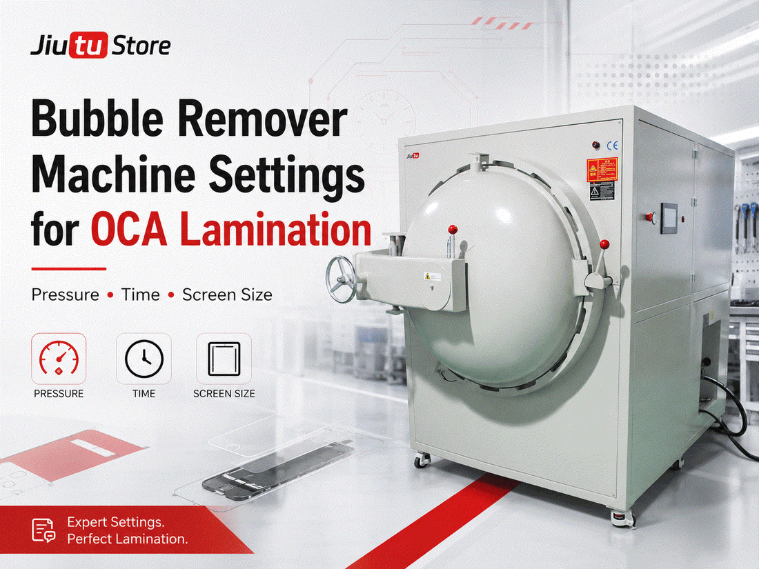 Bubble remover machine with compressor for OCA lamination pressure, time and screen size settings