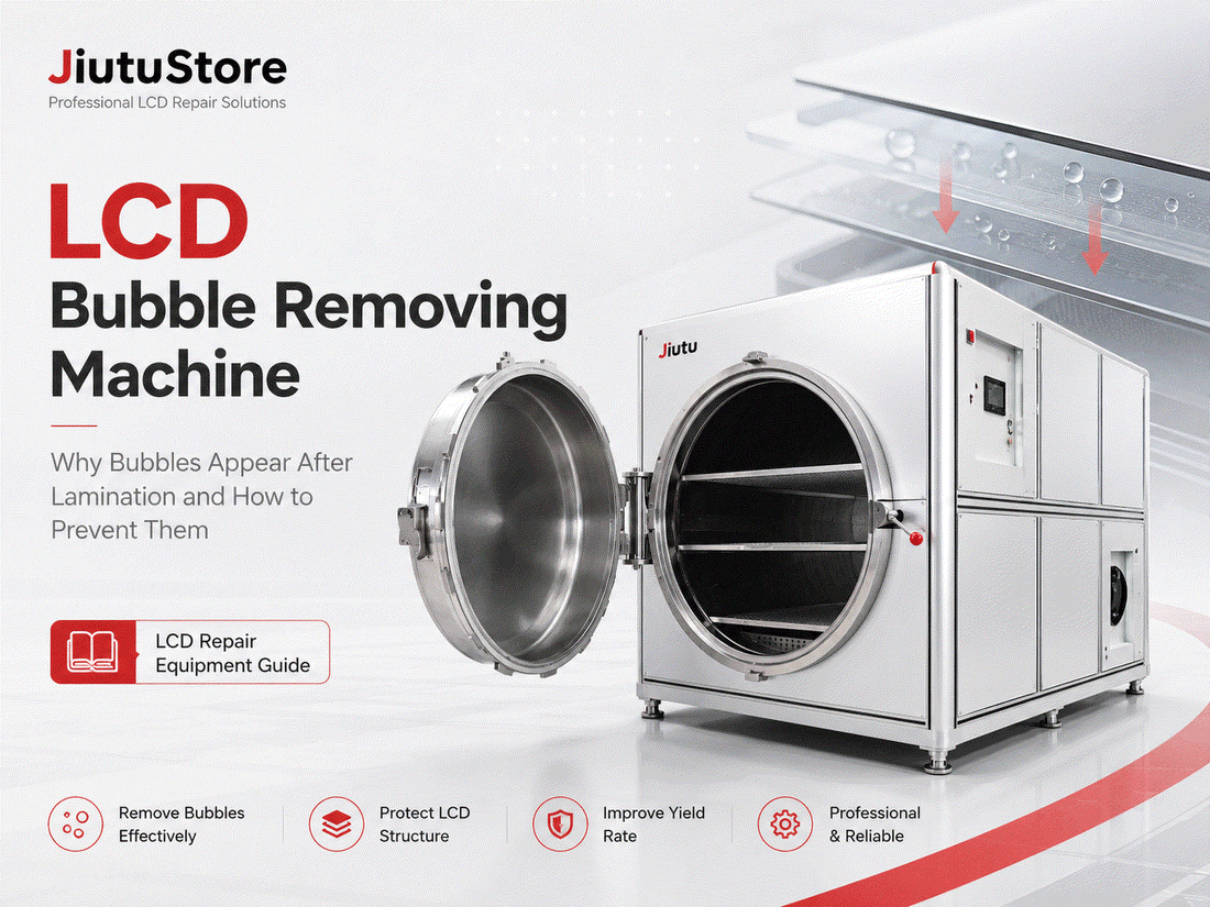 Professional OCA bubble remover machine eliminating bubbles from iPhone and iPad Pro screens for flawless lamination