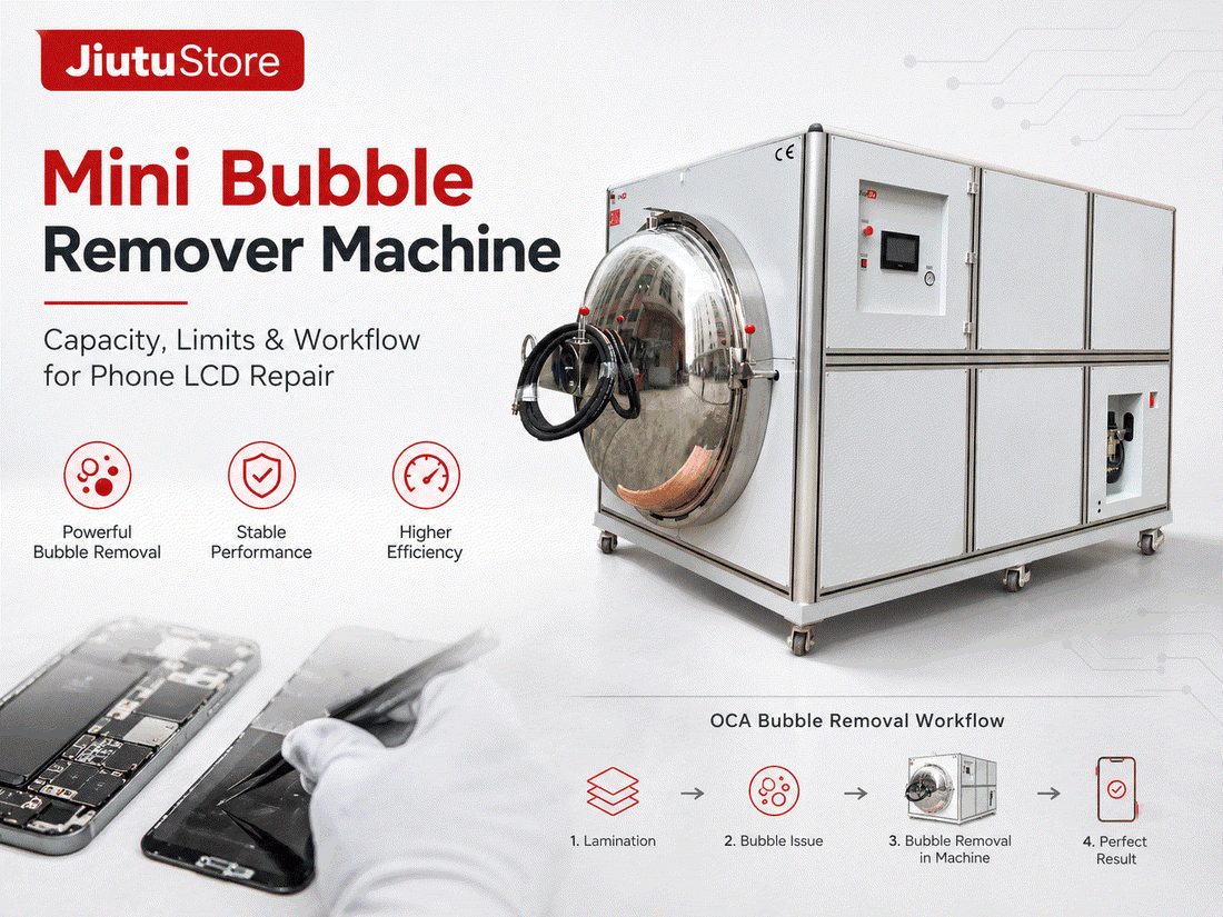 Mini bubble remover machine in operation for mobile phone LCD screen bubble removal after OCA lamination