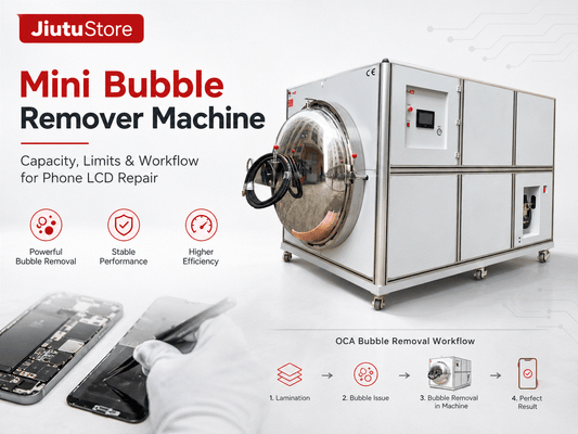 Mini bubble remover machine in operation for mobile phone LCD screen bubble removal after OCA lamination