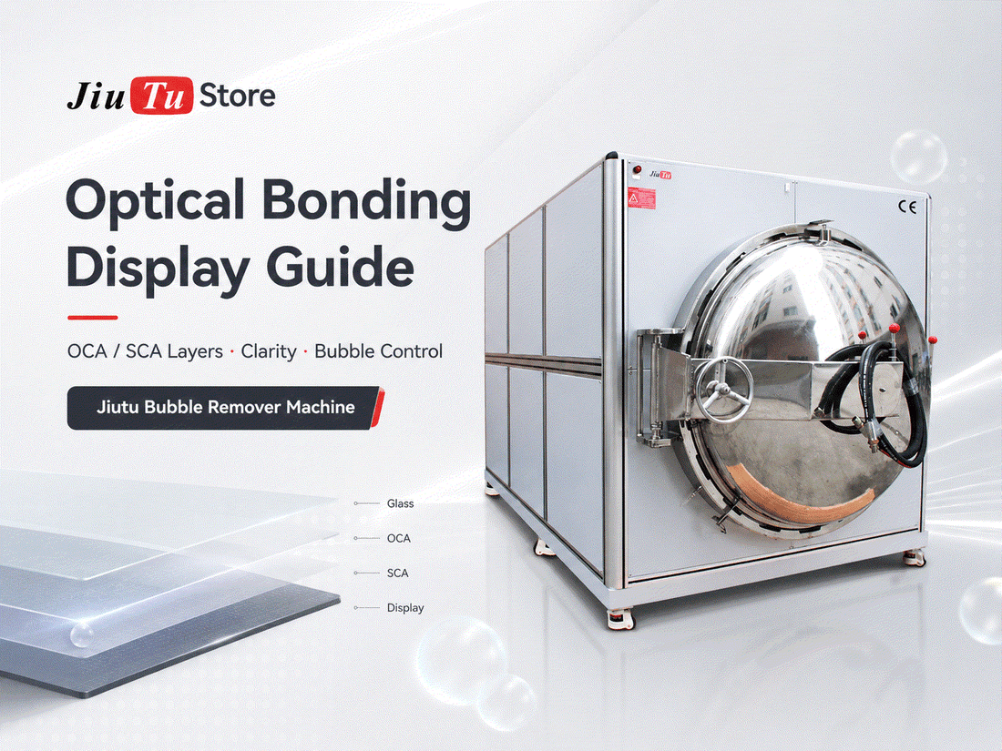 Optical bonding display process illustrating OCA/SCA layers, clarity factors, and bubble control techniques for LCD and touch panel repair.