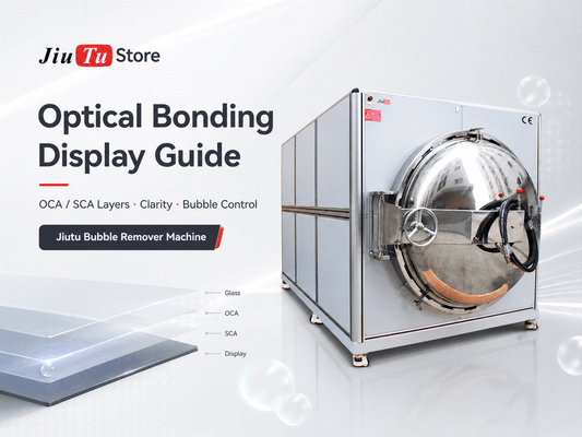 Optical bonding display process illustrating OCA/SCA layers, clarity factors, and bubble control techniques for LCD and touch panel repair.