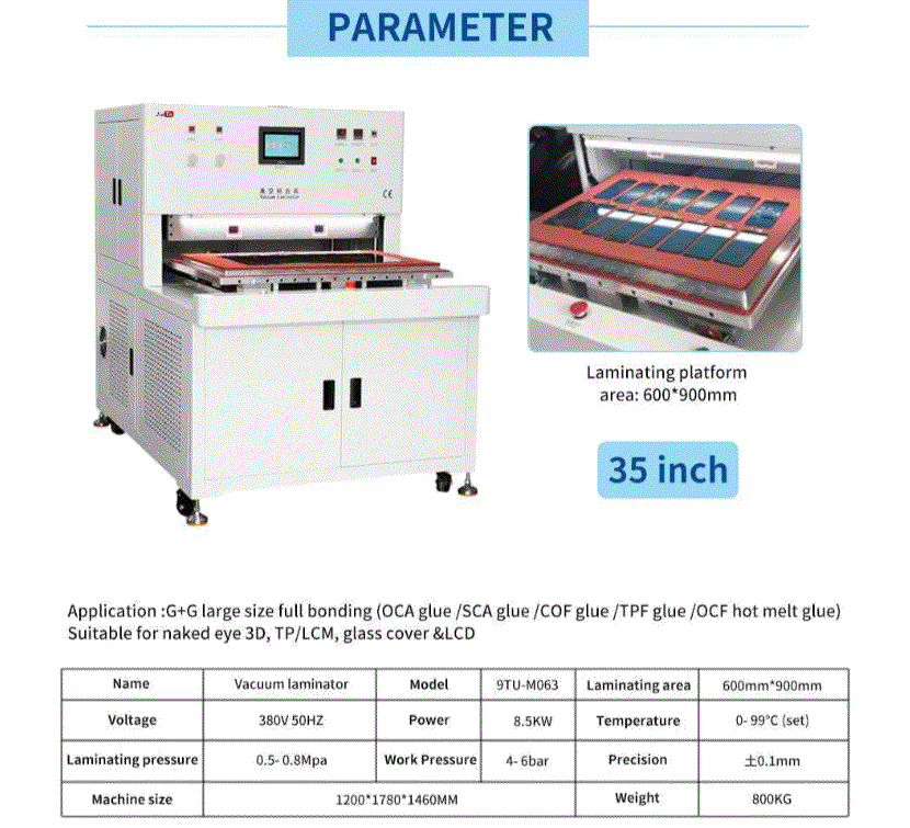 Laminator OCA machine demonstrating bubble-free optical bonding process for clear, clean glass assembly