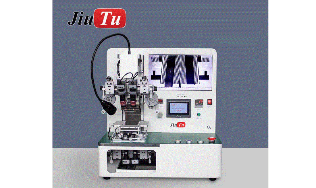 Compact ACF bonding machine with control panel displaying temperature, pressure, and time settings for flexible cable repair and display module bonding.