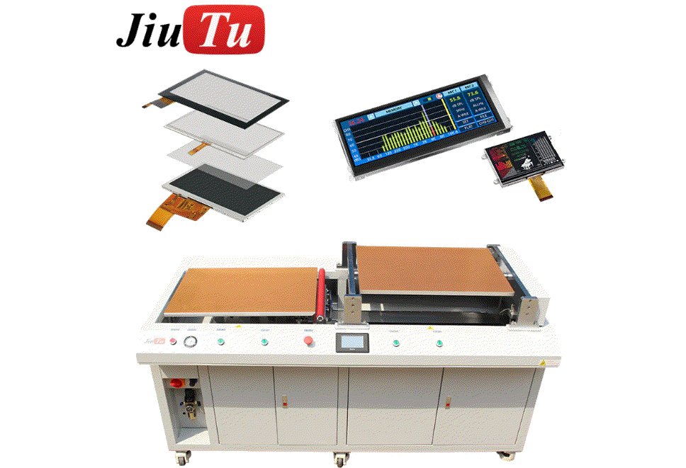 Adhesive bonding machine for glass and OCA film lamination on a white background