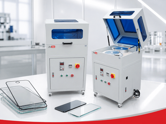 Jiutu glass edge polishing machines with phone screen glass samples in a clean workshop