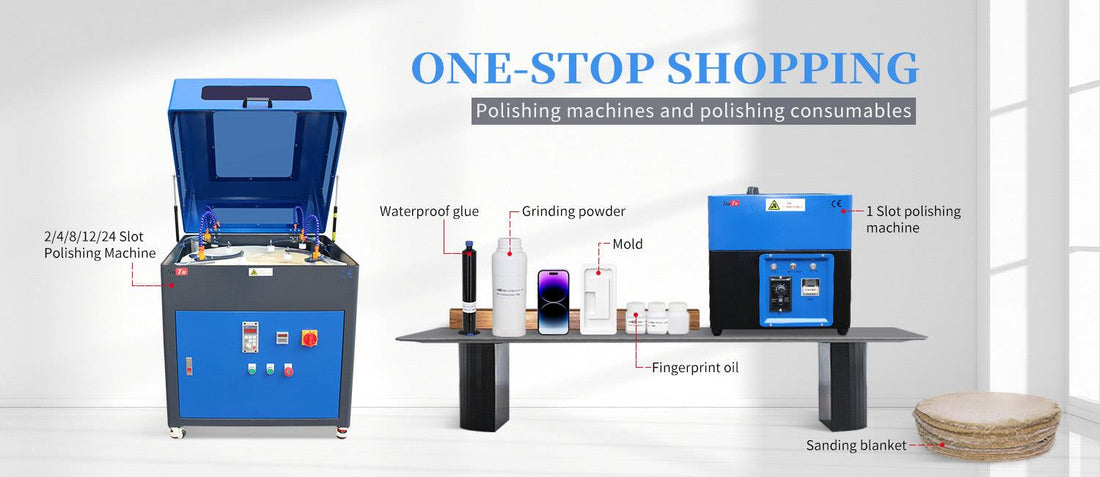 Compact phone polishing machine for screen and back glass refurbishing, suitable for iPhone, Samsung, Apple Watch, and Huawei, with grinding and scratch removal functions.