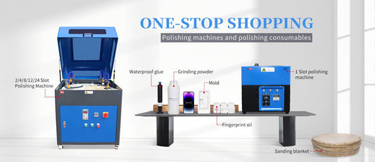 Compact phone polishing machine for screen and back glass refurbishing, suitable for iPhone, Samsung, Apple Watch, and Huawei, with grinding and scratch removal functions.