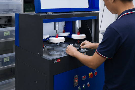 Technician setting a watch glass fixture on a phone and watch polishing machine
