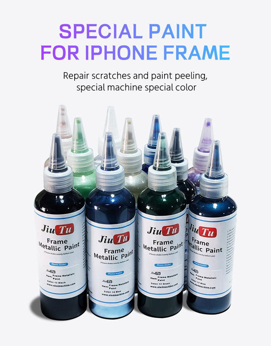 Close-up of iPhone bezel frame paint repair process with primer and color application