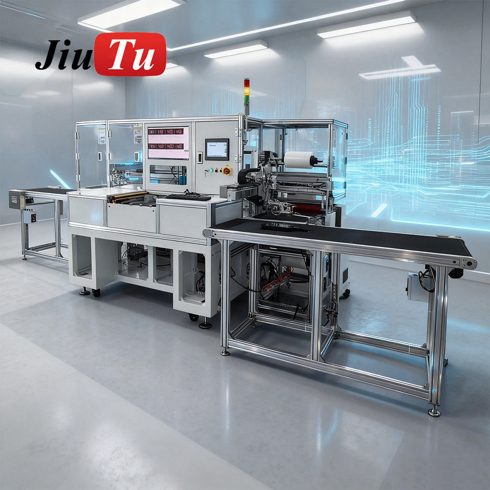 JiuTu Machine automated screen lamination line with TP测试+覆膜机 for efficient film application and testing in manufacturing.