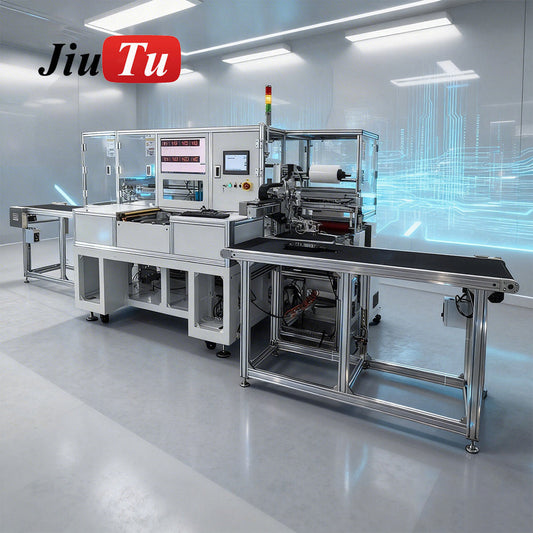 JiuTu Machine automated screen lamination line with TP测试+覆膜机 for efficient film application and testing in manufacturing.