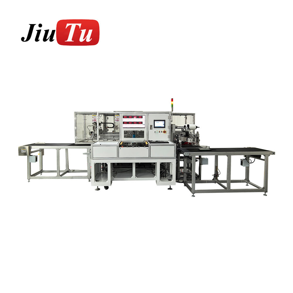 JiuTu Machine automated screen lamination line with testing and lamination functions, showing the machine setup and control panel.