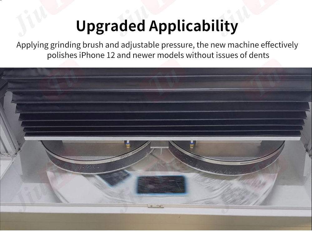 26 Slots Phone Polishing Machine with dual circular grinding brushes inside a silver metal casing and black adjustable pressure components