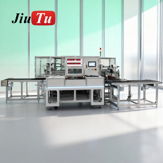 Automated screen lamination line by JiuTu Machine with test and lamination features, showcasing industrial equipment on a production floor.