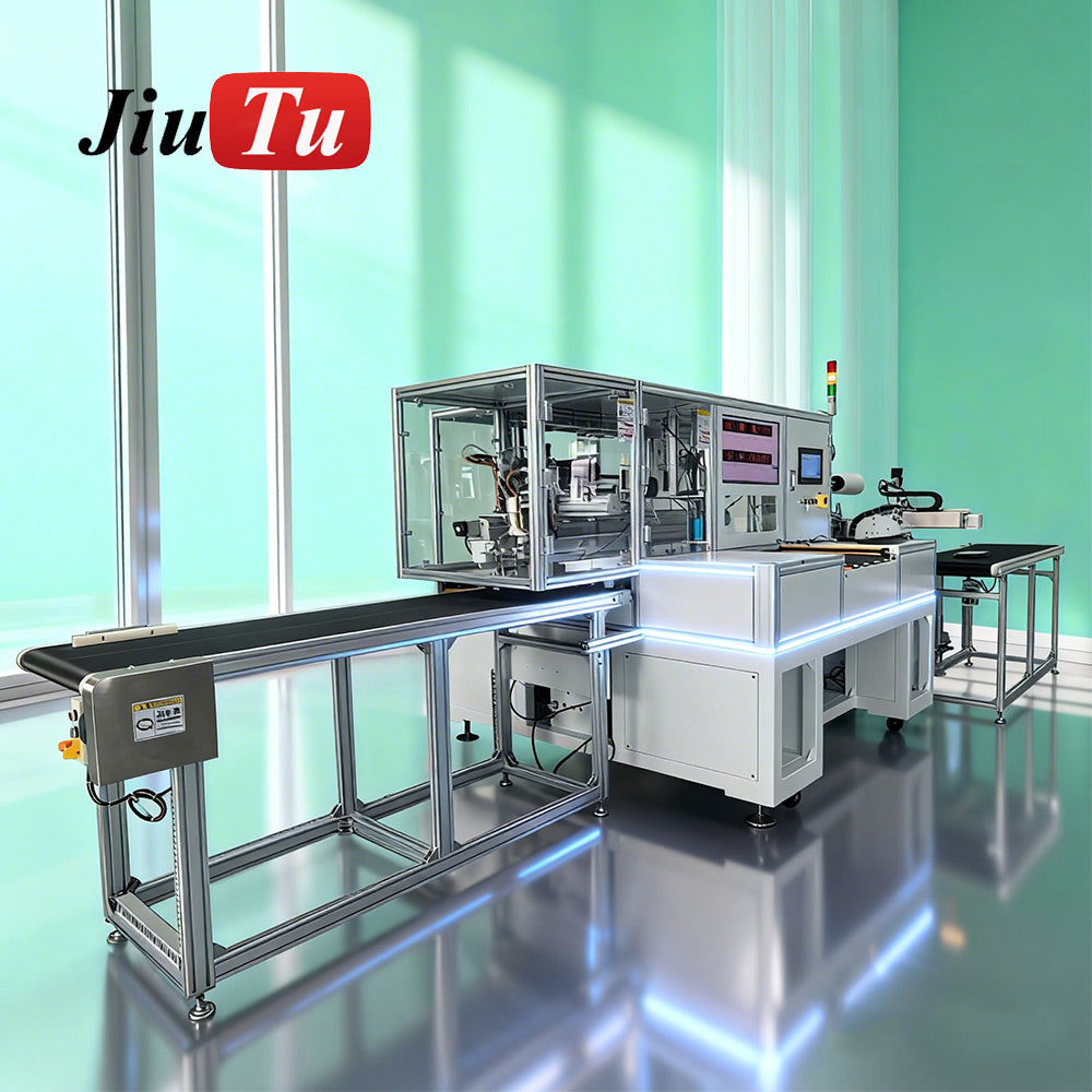 JiuTu Machine automated screen lamination line with testing and lamination features, shown in an industrial setting.