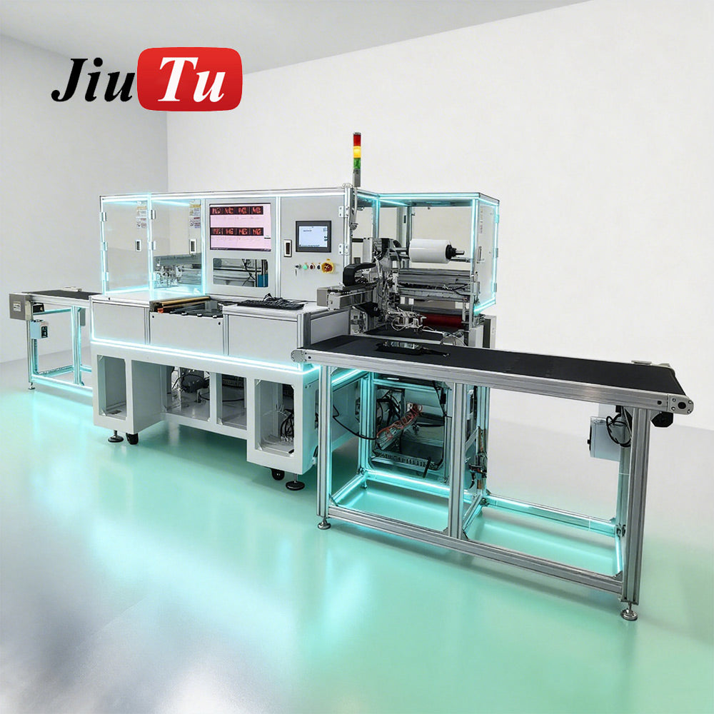 JiuTu Machine automated screen lamination line with testing and lamination capabilities, shown in a manufacturing setting.