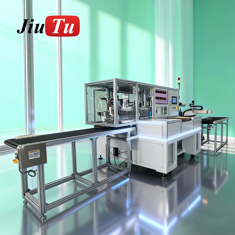 Automated Screen Lamination Line with stainless steel machinery, enclosed processing chamber, conveyor belt, and control panels
