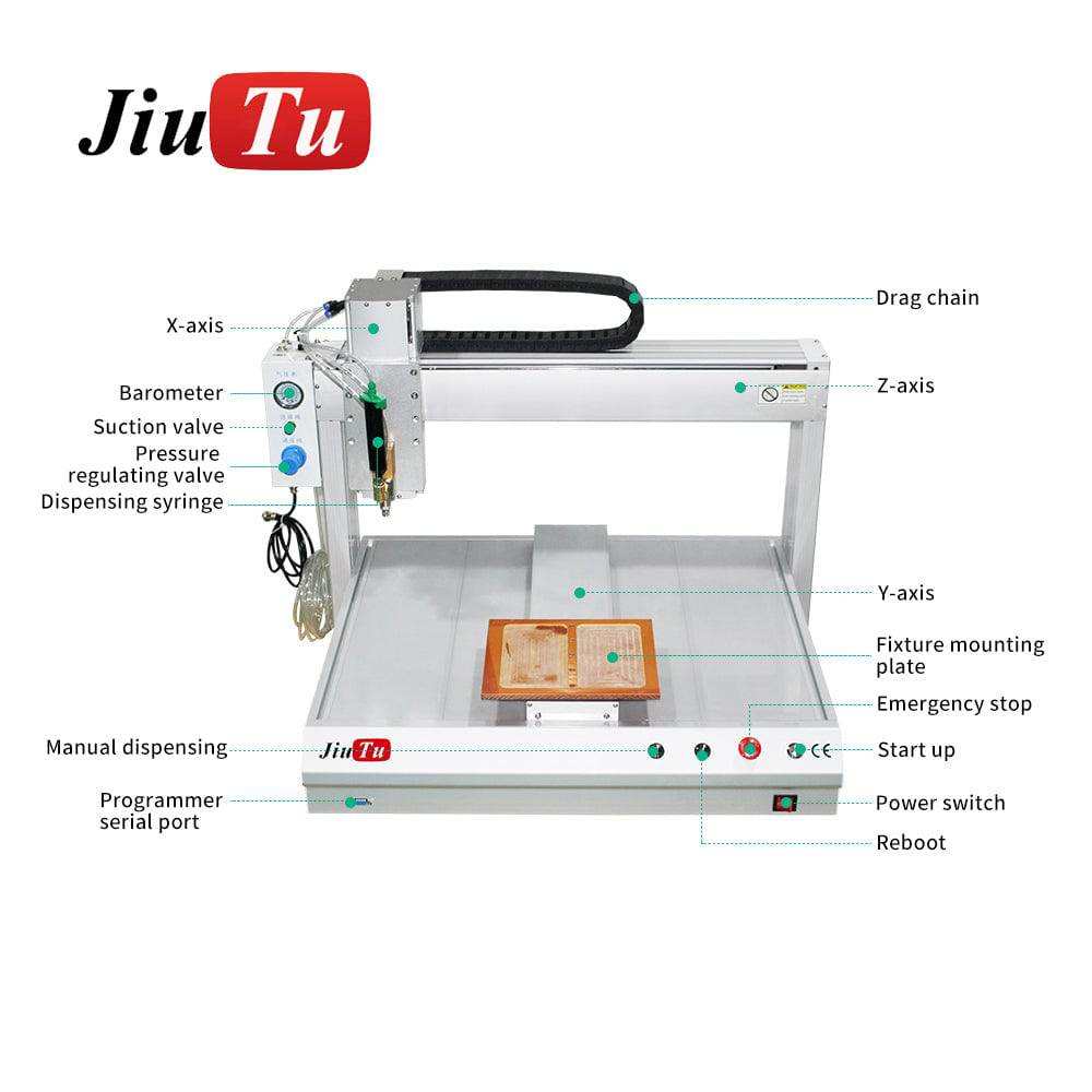 Automatic Glue Dispensing Machine with labeled metal frame, digital controls, syringe pump, and axis movement components