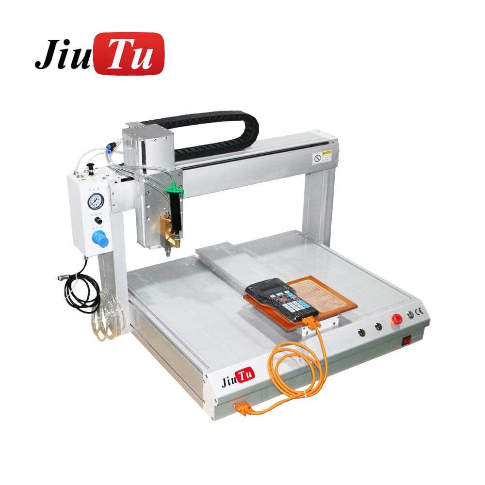 Automatic Glue Dispensing Machine in white and silver metal with a black and orange control panel, featuring motorized pump and programmable controller for precise adhesive application
