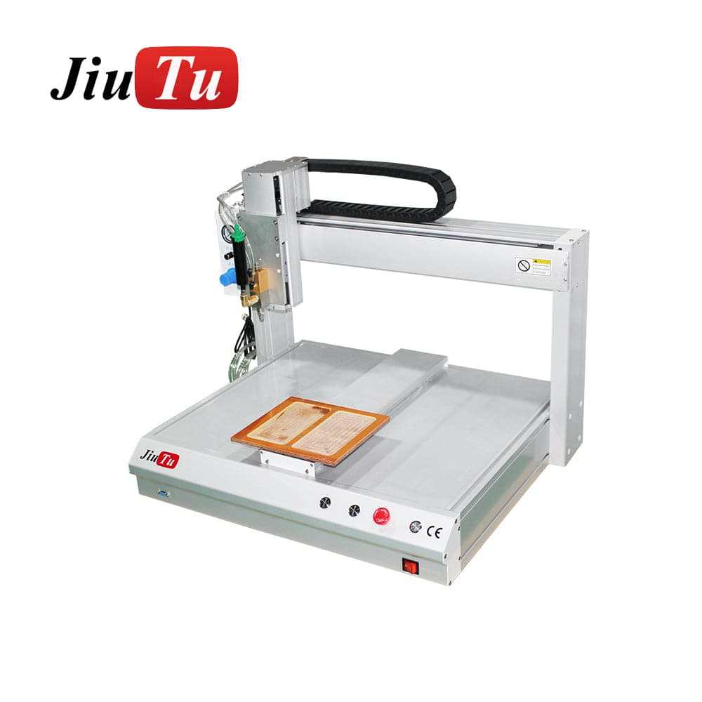 Automatic Glue Dispensing Machine featuring a white metal frame with a digital control panel and motorized glue applicator arm