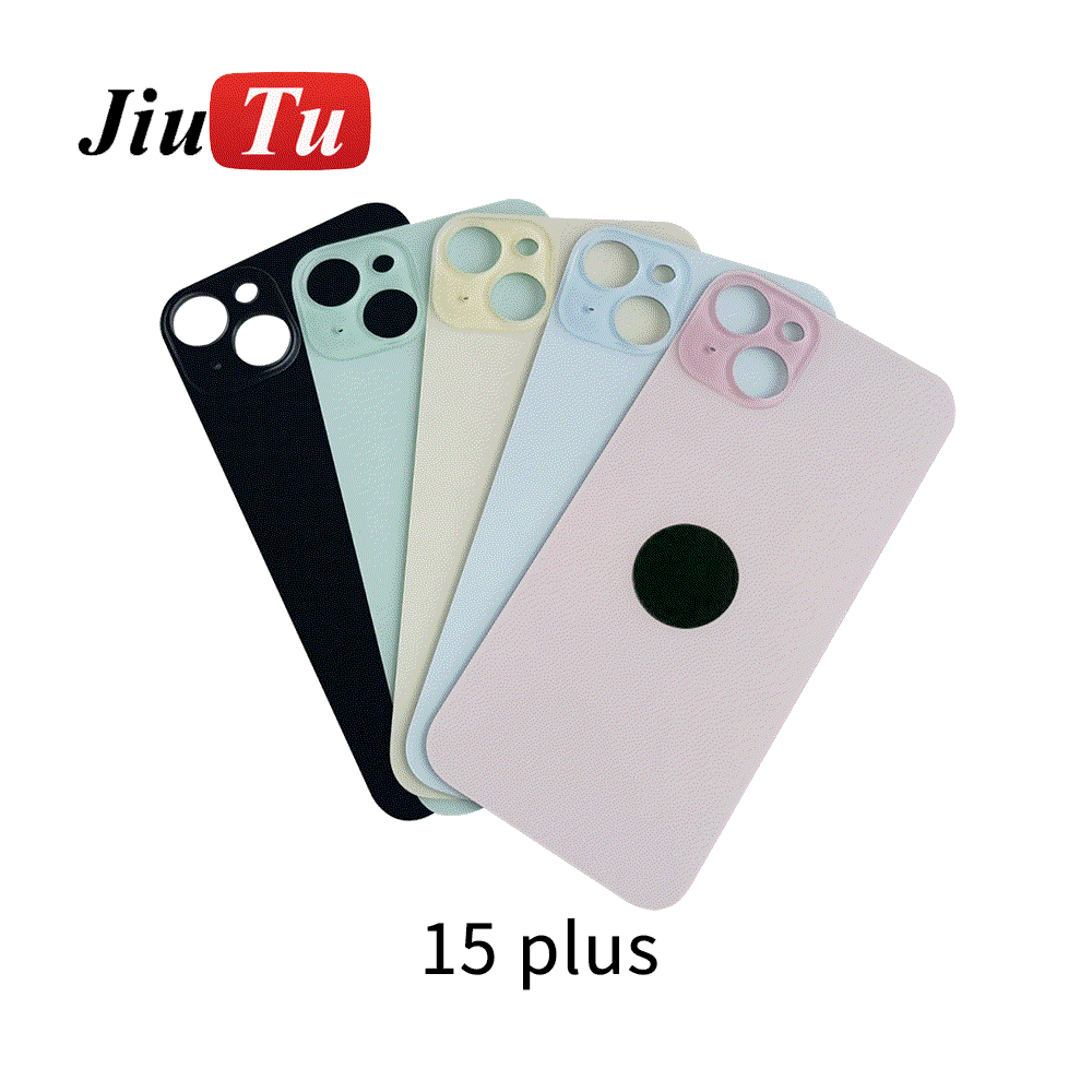 Back Cover Refurbishment set showing five iPhone 15 Plus rear glass back covers in black, green, cream, light blue, and pink with big hole camera cutouts