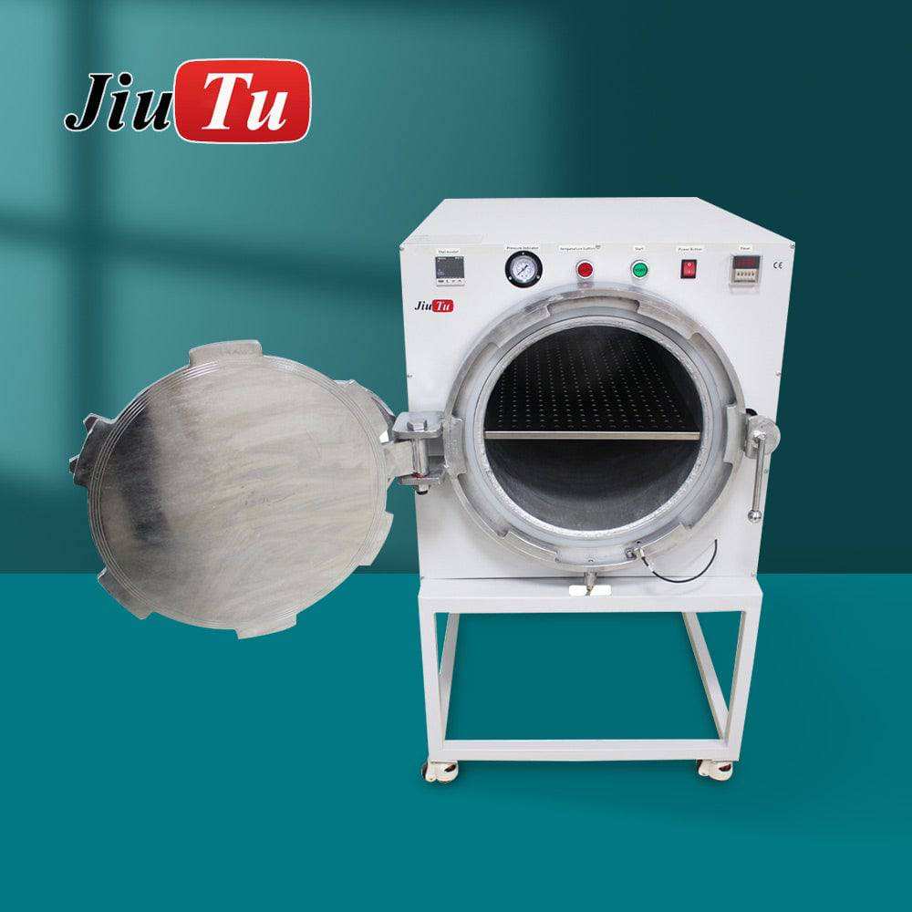 White metal bubble remover machine with open circular door showing interior grid shelf, front panel controls and gauge