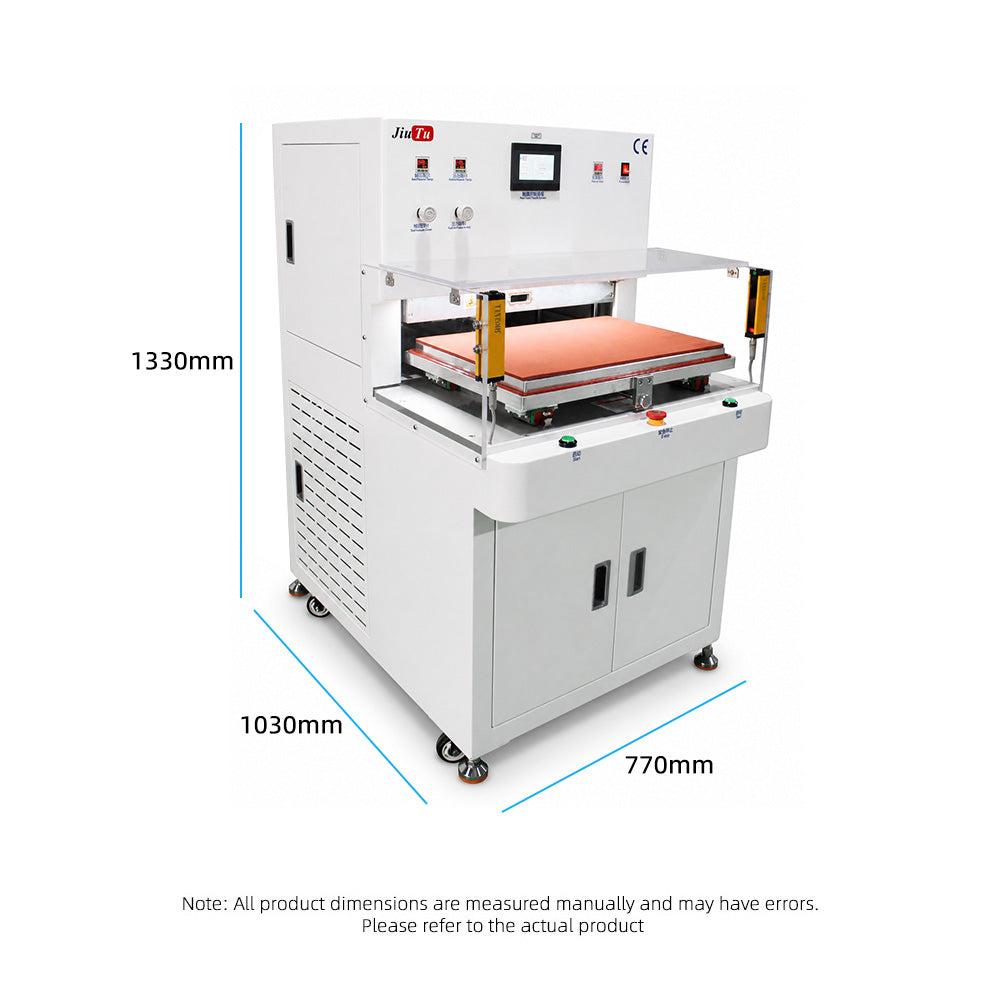 CG+OCA Vacuum Laminating Machine in white and gray with control touchscreen, orange platform and safety light barriers