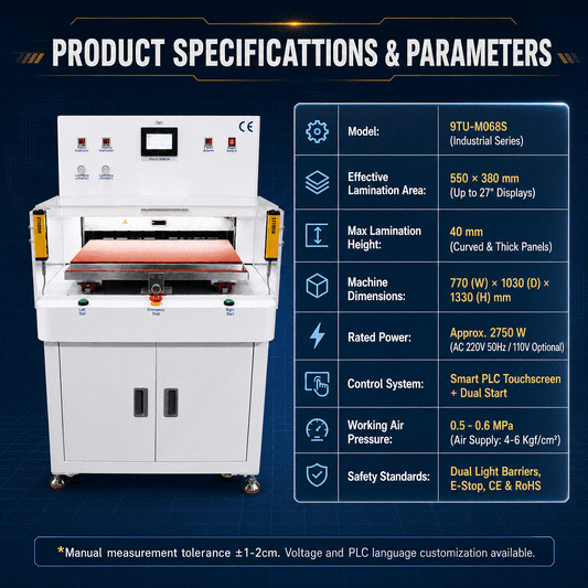 CG+OCA Vacuum Laminating Machine, white industrial cabinet with touchscreen, orange platform and dual light barriers