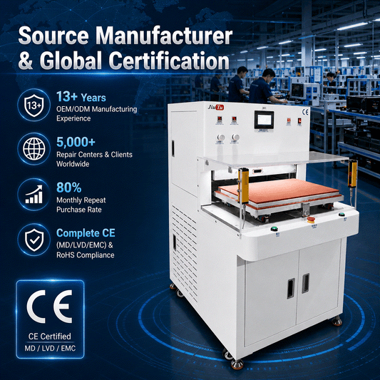 CG+OCA Vacuum Laminating Machine with white industrial cabinet, touchscreen controls, orange heated platform and CE certification graphic