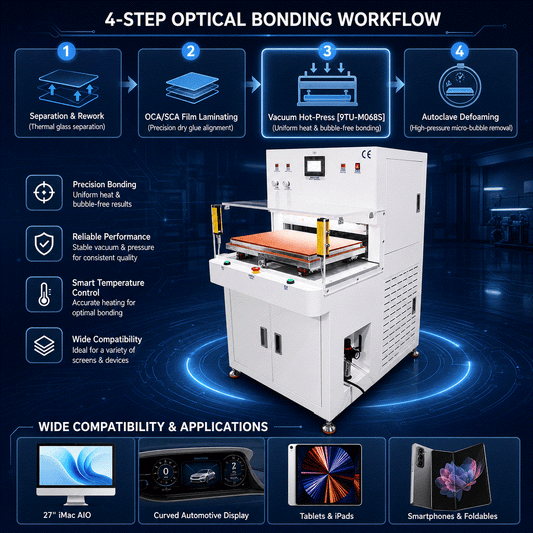 CG+OCA Vacuum Laminating Machine, white industrial optical bonding equipment with an orange platform and touchscreen controls