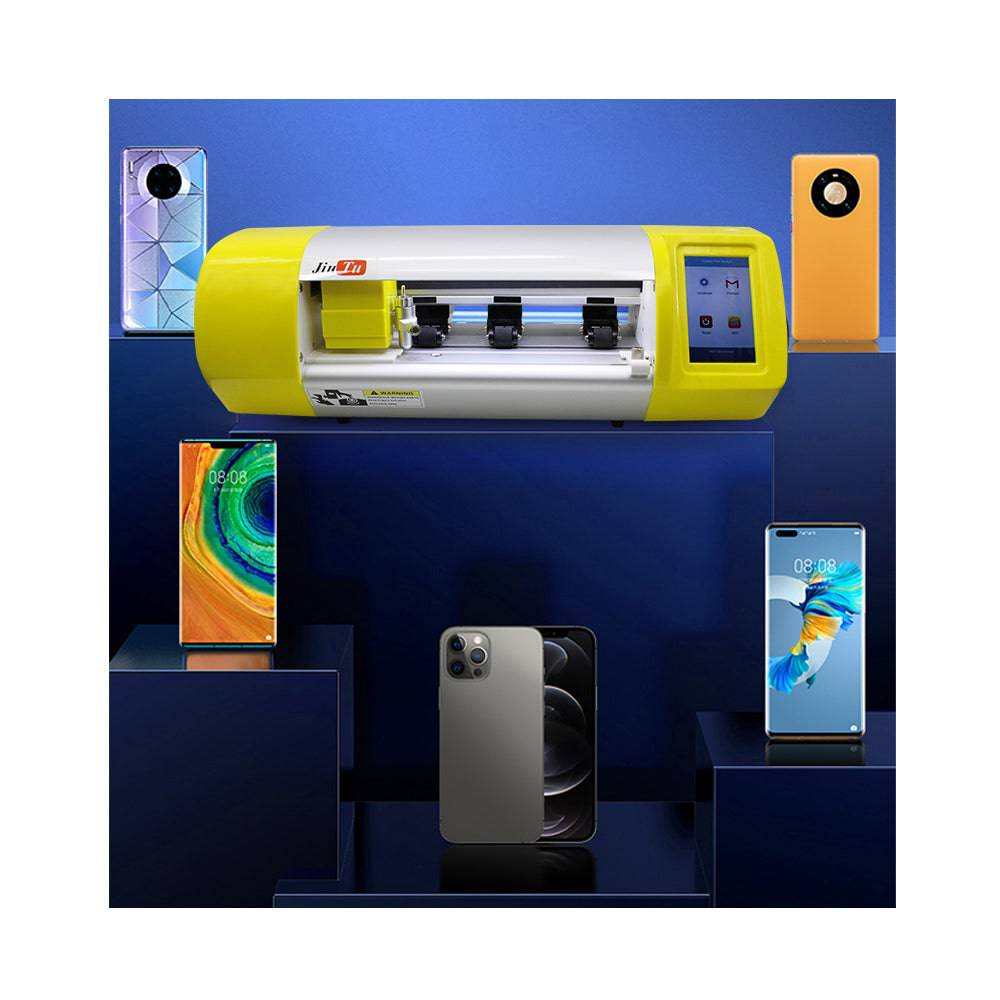 cutting machine for stickers with yellow and grey body, touchscreen interface, shown with various modern smartphones