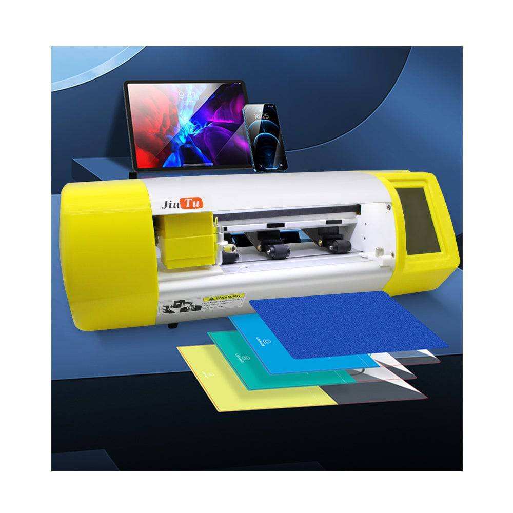 cutting machine for stickers with yellow and white body, digital display, cutting multiple colored adhesive films and screen protectors