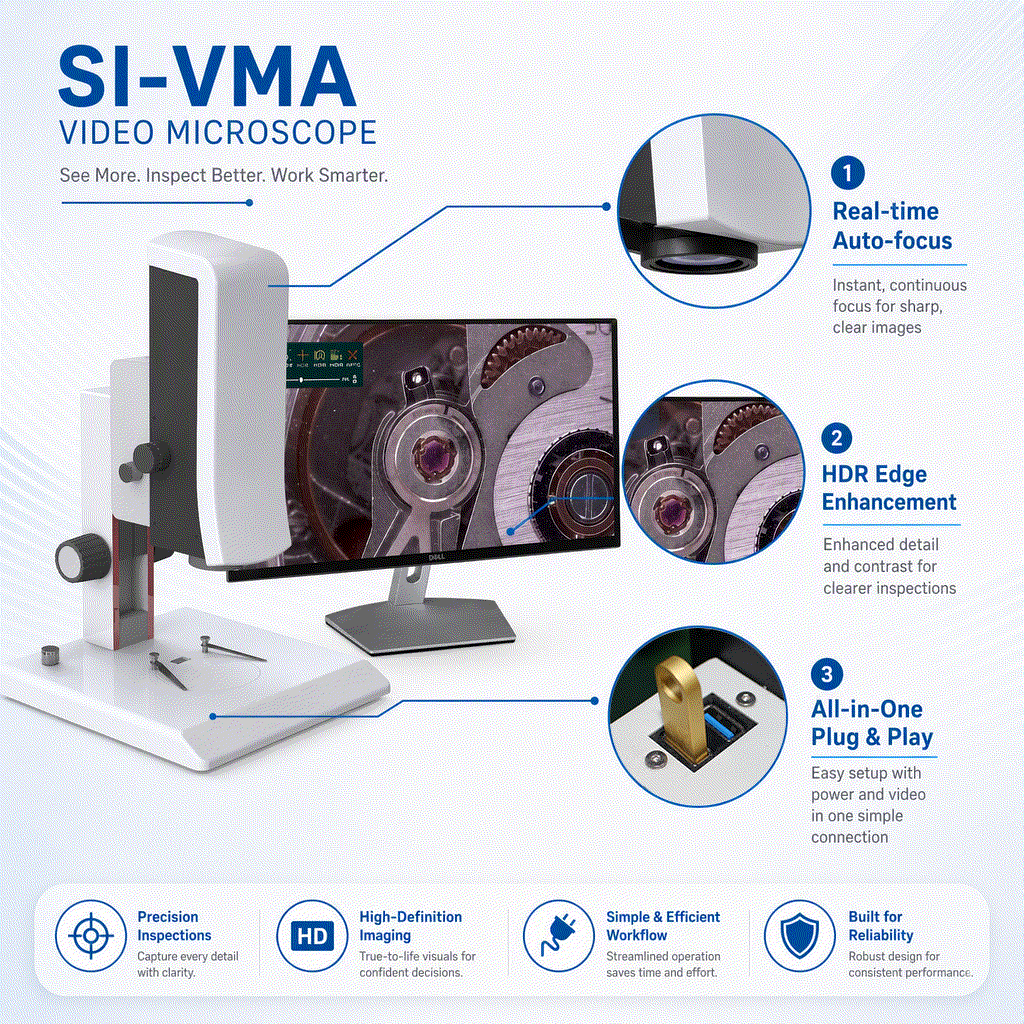 Digital inspection video microscope with auto focus and HDMI output for electronics and precision manufacturing