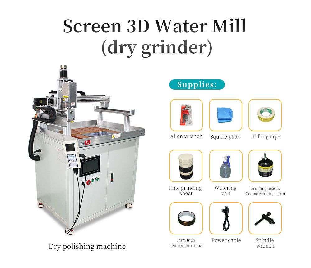Dry Grinding Machine white and metallic dry polishing machine with control panel and various accessories including wrenches, tape, plates, grinding sheets.