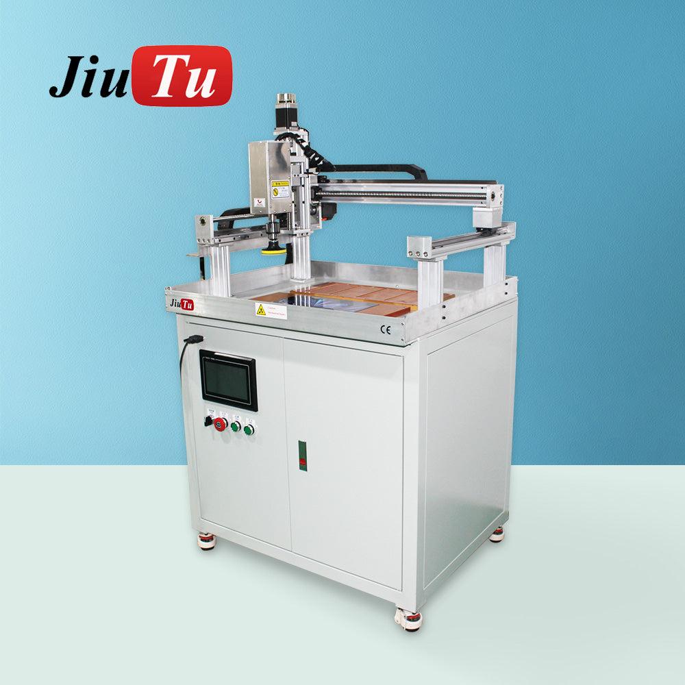 Dry Grinding Machine made of metal with a white base, control panel with buttons and touchscreen, and an overhead mechanical arm for polishing