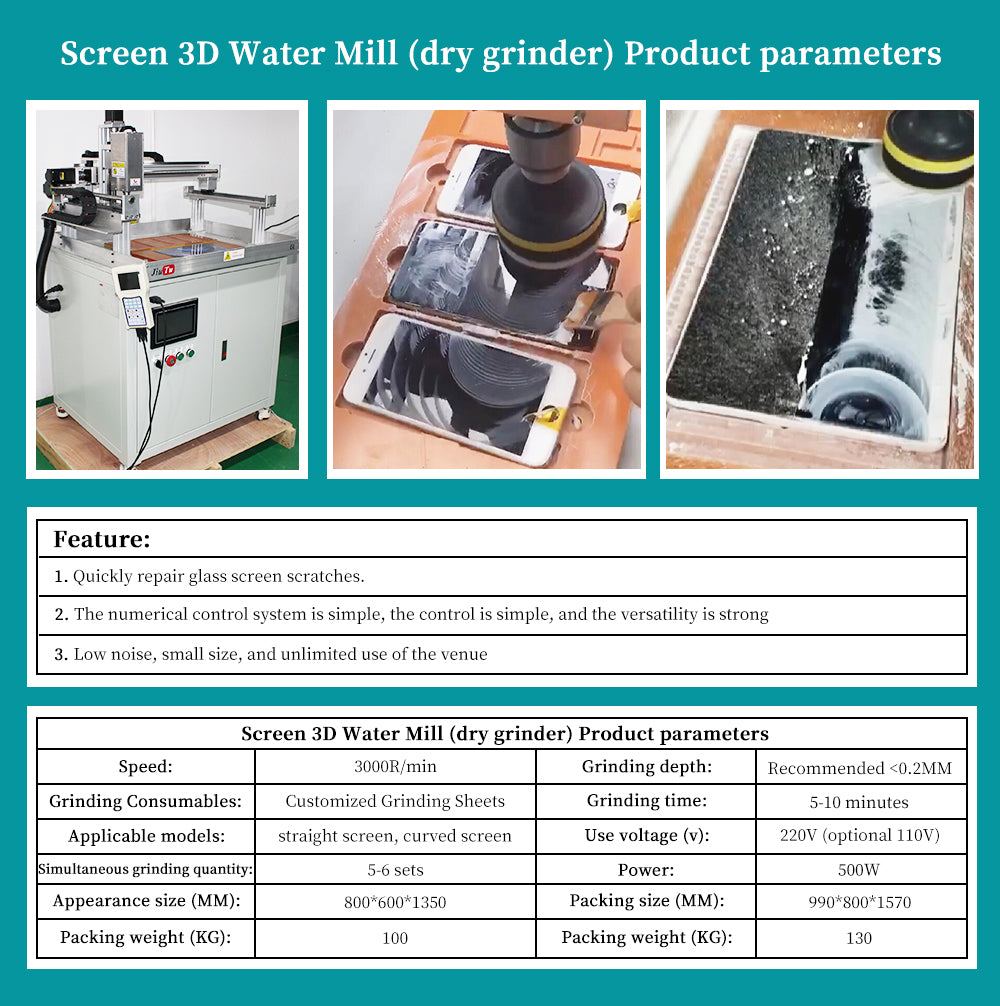 Dry Grinding Machine with metallic body, control panel, and parts shown polishing smartphone screens and glass with water flow