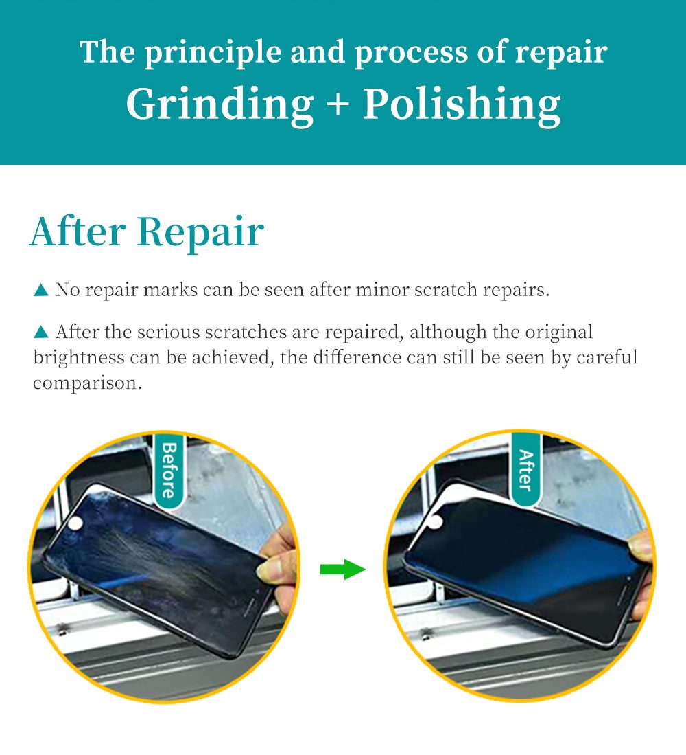 Mobile phone screen before and after repair showing scratch removal and polishing effect using Dry Grinding Machine