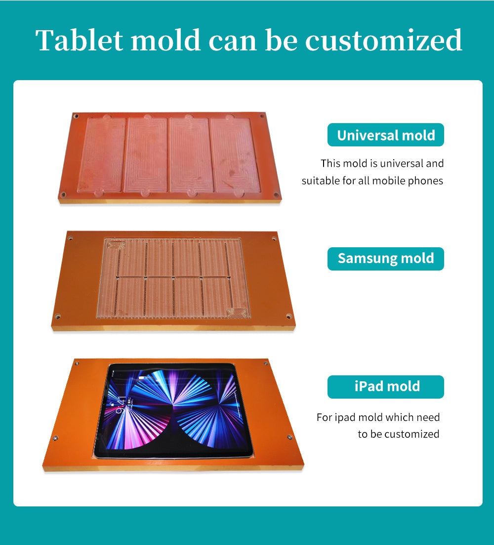 Dry Grinding Machine orange tablet molds in three types: universal, Samsung, and customizable iPad mold for phone refurbishment