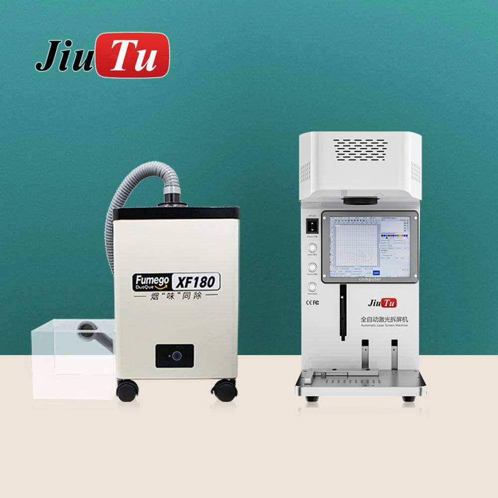 fiber laser engraving machine set including a white and black compact XF180 unit on wheels and a vertical main engraver with touchscreen