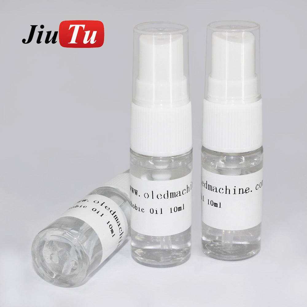Fingerprint Coating Oil in three clear 10ml spray bottles with white caps and simple white labels