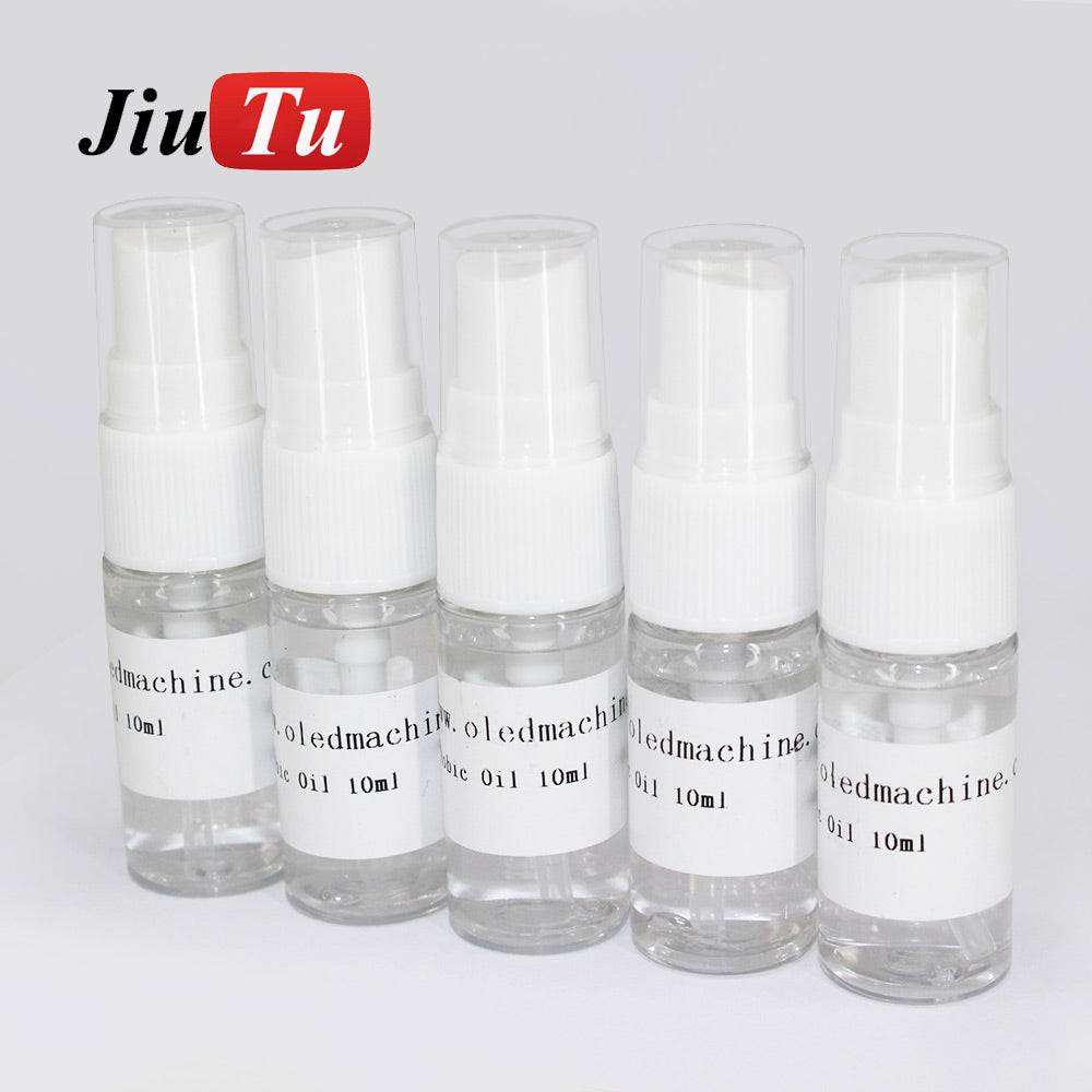 Fingerprint Coating Oil in small transparent 10ml spray bottles with white caps and simple white labels on a plain background