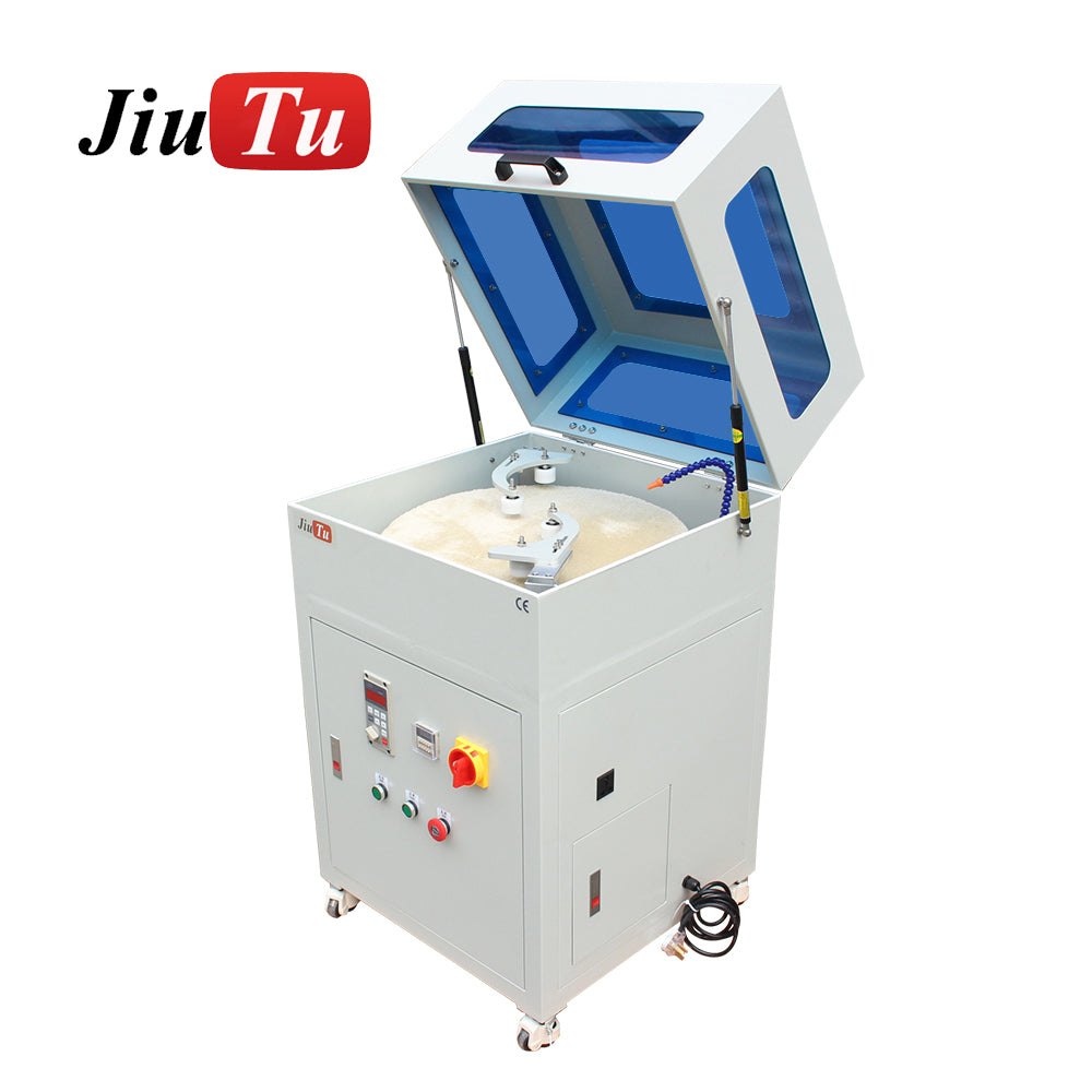 glass edge polishing machine in white with blue-tinted protective cover, control panel, and polishing disc inside for smooth glass edges