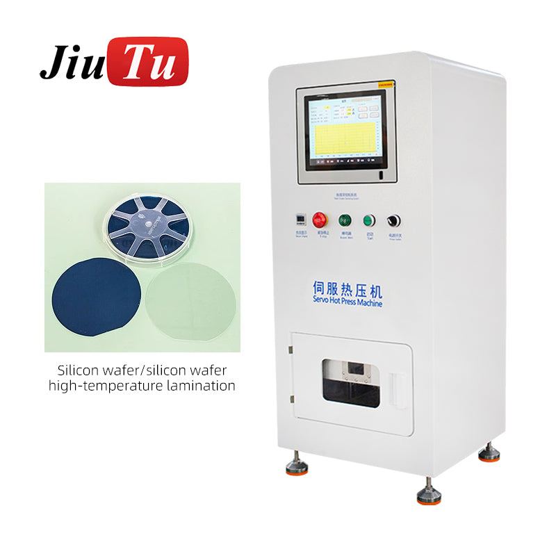 Vacuum hot press laminator in white metal with touchscreen controls, shown with silicon wafers for High Temperature Bonding